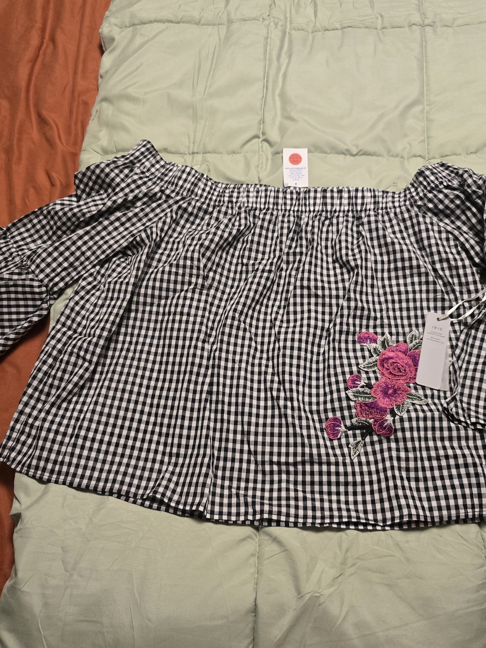 iris Black & White Gingham Top with Pink Rose Embroidery